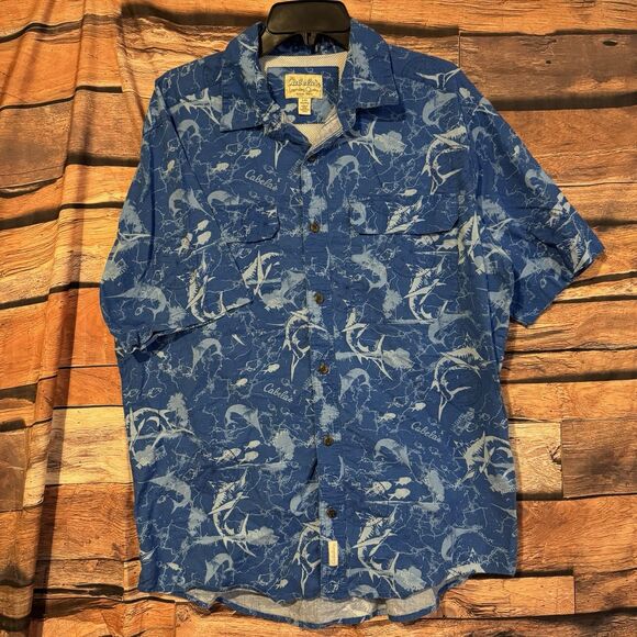 Cabela's Men's L Blue Fish Pattern Short Sleeve Vented Fishing Shirt Button Up - Picture 1 of 7